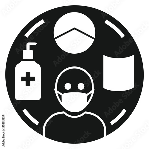 Public health icon with a mask, hand sanitizer, and social distance
