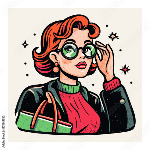 Vintage Cartoon Woman Wearing Sunglasses with Stylish Handbag and Headscarf