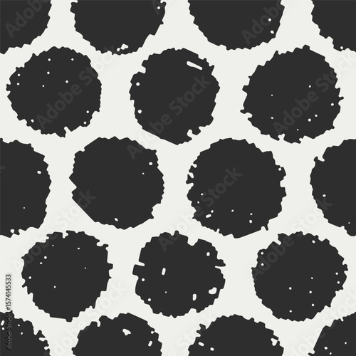 Seamless dots pattern with large irregular circles in grunge doodle style. Endless texture, abstract hand-drawn blobs, spots. Repeating print for textile, wallpaper design. Flat vector illustration