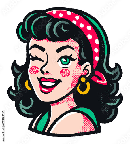 Retro Cartoon Portrait of a Stylish Young Woman with Green Hair and Tattoos