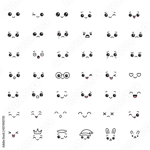 Adorable set of kawaii facial expressions vector illustrations featuring unique cartoon faces expressing various emotions including happiness, sadness, anger, and surprise. World Emoji Day