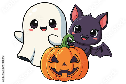 Cute cartoon ghost and bat with pumpkin Halloween illustration