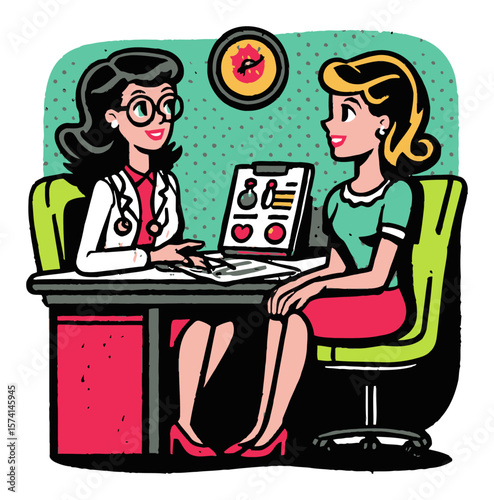 Cheerful Cartoon Women Discussing Health in a Colorful Medical Setting
