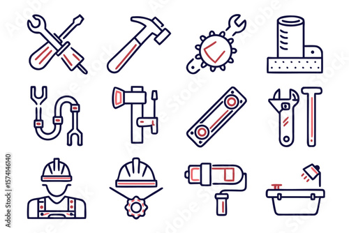 Comprehensive collection of building and repair equipment symbols featuring hammers wrenches and safety gear ideal for construction themed projects and industry applications