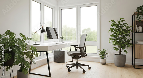 Modern Home Office Corner with Large Windows and Natural Light