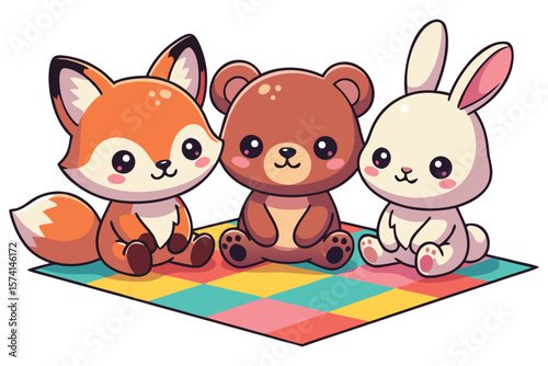 Cute cartoon animals sitting on a colorful mat, vector illustration, children's design