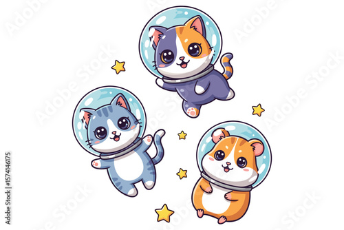 Cute cats and hamster in space vector illustration, playful and colorful design