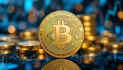 “Close-Up of Gold Bitcoin Coin with Circuit Design and Financial Charts Representing Cryptocurrency Investment”