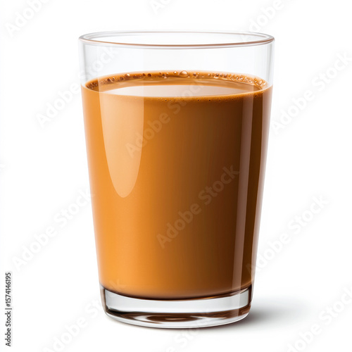 Enjoying delicious chai in a clear glass. A warm glass of aromatic chai sits on display, with a rich brown color indicating its spiced flavor profile.