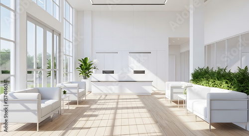 Modern Reception Area with White Furniture and Green Plant Decor