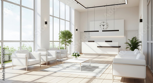 Modern Reception Area with White Furniture and Green Plant Decor
