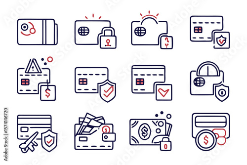 A curated collection of minimalist line art symbols representing various financial transactions and payment methods perfect for modern digital interfaces and applications
