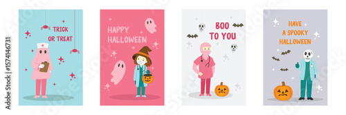Set of vertical Halloween postcards featuring doctors and nurses dressed as skeleton, witch, mummy, and ghost Fun style healthcare-themed design perfect for spooky seasonal medical greeting card