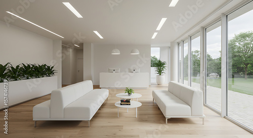 Modern Reception Area with White Furniture and Green Plant Decor