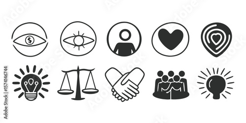 Core Values Line Icon Set Vector Pictograms Representing Principles Ethics and Business Concepts Available on transparent background comprehensive set line icons representing core values ethical