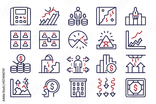 Comprehensive collection of crisis management symbols including elements representing failure loss and negative outcomes designed for clear visual communication in various applications