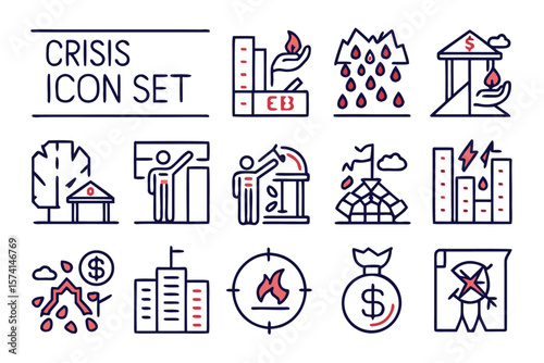 Comprehensive collection of crisis management symbols depicting failure loss and negative outcomes in a professional graphic design format with distinct color elements