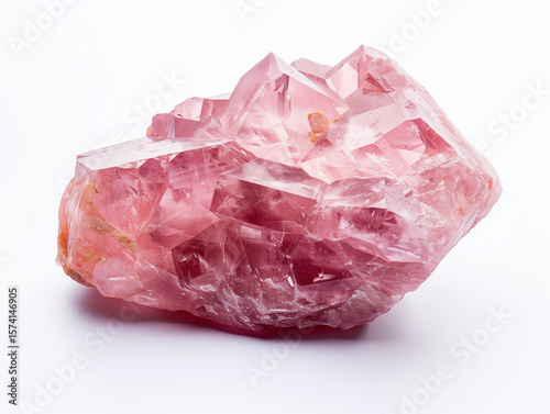 a high-quality photo of a polished rose quartz crystal on a minimal soft white background