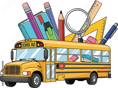 A yellow school bus filled with school supplies on a white background art