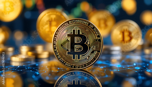 “Close-Up of Gold Bitcoin Coin with Circuit Design and Financial Charts Representing Cryptocurrency Investment”