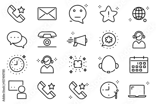 Comprehensive collection of customer care and assistance symbols for digital platforms featuring communication help desk and user engagement elements in a modern graphic style