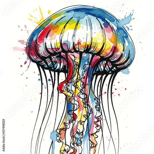 Vibrant Watercolor Jellyfish Méduse Illustration Isolated on White Background – Abstract Marine Life Artwork