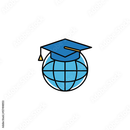 Graduation cap on a globe, representing global education