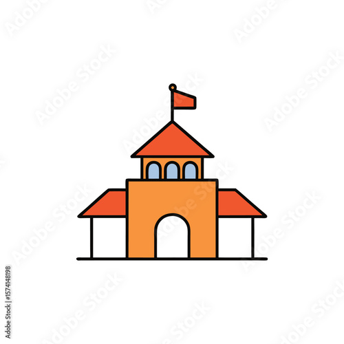 A colorful cartoon building resembling a castle or fort