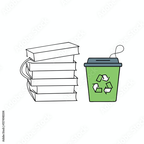 A stack of books next to a green recycling bin