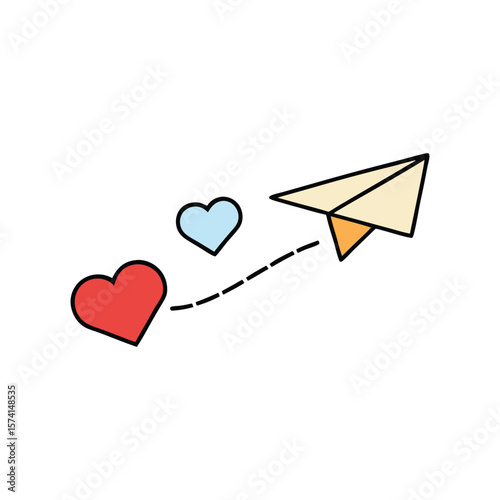 Paper airplane carrying a heart symbol in a dashed line