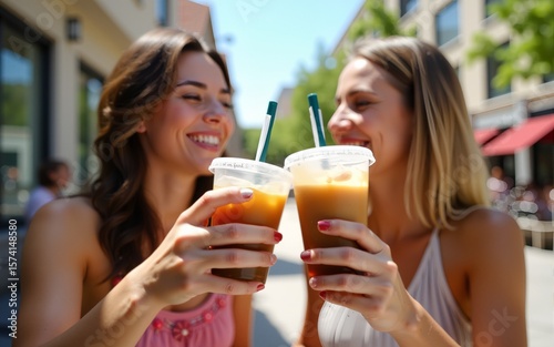 Iced Coffee Cheers with Friends. Two cheerful young women joyfully clinking glasses filled with refreshing iced coffee drinks on a bright, sunny day. High quality