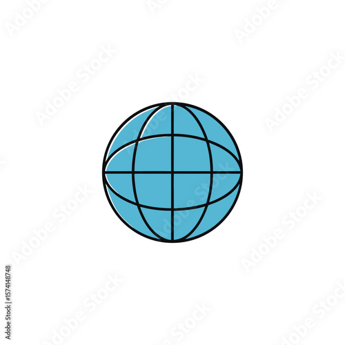 A simple blue globe with a grid of lines representing the world