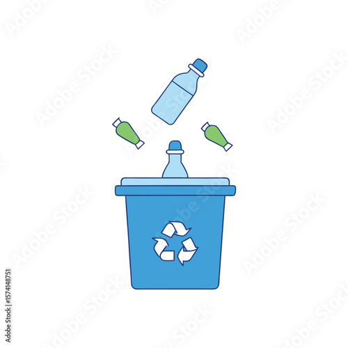 Plastic bottles are thrown into a blue recycling bin