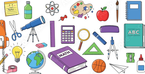 Illustration of school supplies including books and writing utensils items