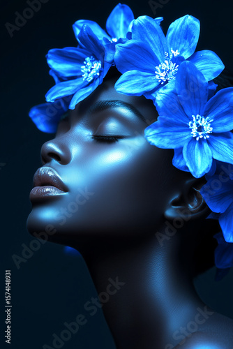 Wallpaper Mural A serene portrait of a dark-skinned woman adorned with vibrant blue flowers and glowing skin. Torontodigital.ca