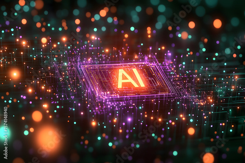 Wallpaper Mural A glowing microchip with "AI" illuminated, surrounded by vibrant, colorful lights. Torontodigital.ca