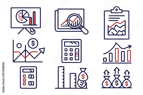 Comprehensive collection of professional icons representing data analysis research business operations and financial concepts for modern digital presentations and applications