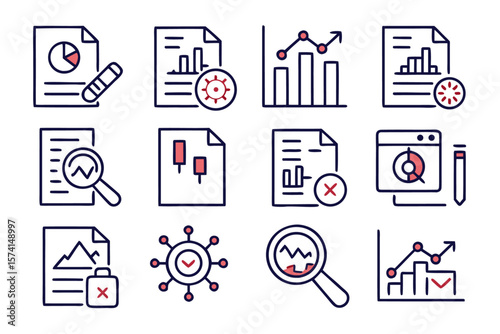 Comprehensive collection of business and finance icons representing data analysis research and financial growth opportunities for professional presentations and reports