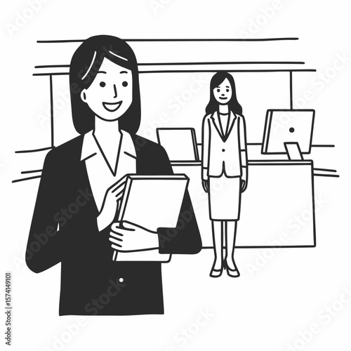 Happy young Asian saleswoman looking at camera welcoming client. Smiling woman executive manager, secretary offering professional business services holding digital tablet standing in office. Portrait