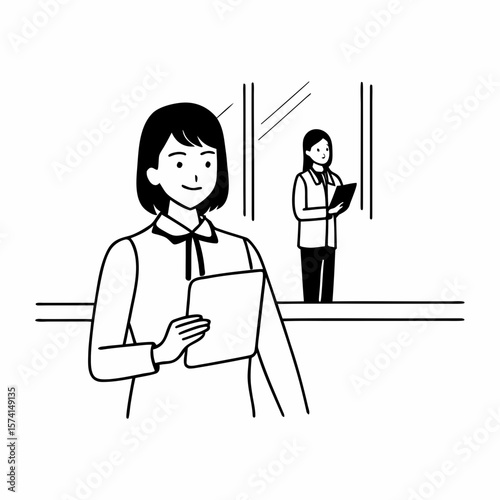 Happy young Asian saleswoman looking at camera welcoming client. Smiling woman executive manager, secretary offering professional business services holding digital tablet standing in office. Portrait