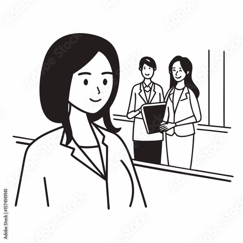 Happy young Asian saleswoman looking at camera welcoming client. Smiling woman executive manager, secretary offering professional business services holding digital tablet standing in office. Portrait