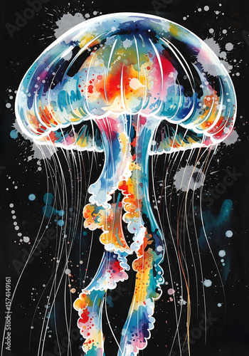 Abstract Watercolor Jellyfish Méduse with Colorful Flowing Tentacles – Marine Life Art Illustration