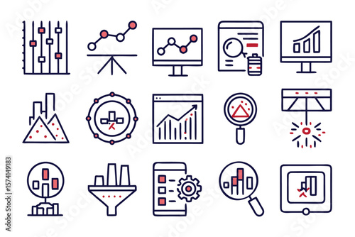 Comprehensive collection of minimalist data analytics symbols and graphics featuring essential business intelligence and statistical representations in clean modern design styles