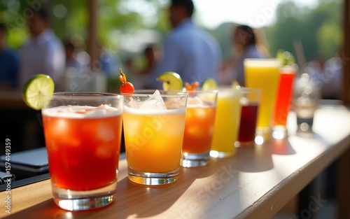 Glasses of refreshing drinks on a wooden bar at an outdoor summer celebration. High quality