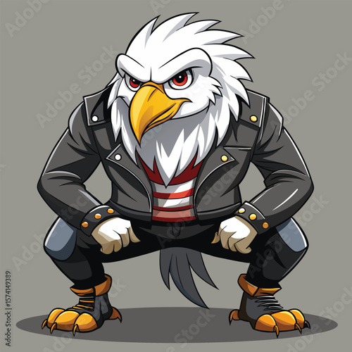 Fierce eagle character in leather jacket and boots