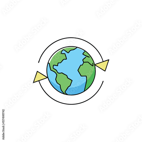 Globe with circular arrows and triangles, indicating global movement