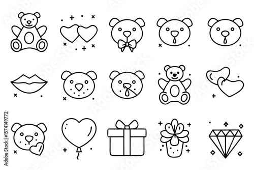 Collection of charming graphic elements featuring a cuddly teddy bear a festive gift box and expressive lips perfect for playful and sweet designs