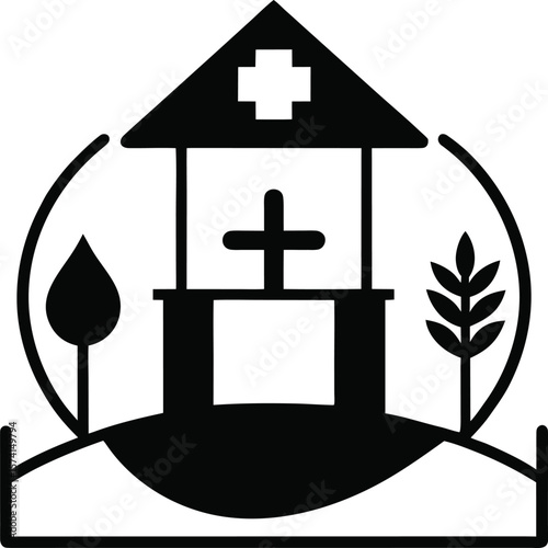 Rural community wellness hub with a water well and a heart symbol