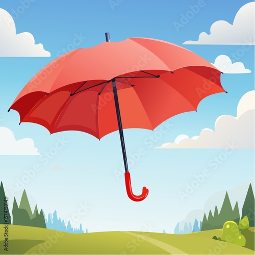 Red umbrella floating in sunny sky over green landscape