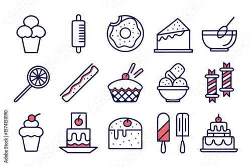 Collection of sweet treat symbols presented in a clean outline graphic style featuring baked goods and confections for culinary themes